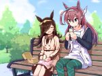  2girls ahoge animal_ears bangs bench blue_eyes blush brown_dress brown_hair bush casual closed_eyes clouds collared_dress commentary_request day dress eating feet_out_of_frame food green_pants hair_over_one_eye hairband highres holding holding_food hood hoodie horse_ears jacket kanikanitengoku long_hair mihono_bourbon_(umamusume) multiple_girls open_clothes open_jacket open_mouth outdoors pants picnic_basket rice_shower_(umamusume) sandwich sitting smile tree umamusume 