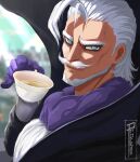  1boy ahoge artist_name beard black_cape blue_eyes boku_no_hero_academia cape cup facial_hair gentle_criminal gloves hair_slicked_back highres holding holding_cup long_hair looking_at_viewer male_focus mustache procsan purple_gloves solo tea teacup upper_body white_hair 