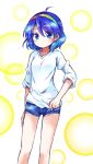  1girl ahoge alternate_costume arm_at_side bangs blue_eyes blue_hair blue_shorts breasts casual closed_mouth commentary_request cutoffs dot_mouth feet_out_of_frame hair_between_eyes hairband hand_on_hip long_sleeves looking_at_viewer pote_(ptkan) shirt short_hair short_shorts shorts simple_background sketch small_breasts solo tenkyuu_chimata touhou white_shirt 