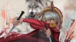  1girl animal animal_ear_fluff animal_ears arknights arm_pouch bangs coat combat_knife commentary_request fangs fur-trimmed_coat fur_trim glowing glowing_eyes grey_hair grey_sweater head_tilt highres holding holding_knife holding_weapon hood hood_up hooded_coat knife litado long_hair long_sleeves looking_at_viewer multicolored multicolored_background projekt_red_(arknights) red_coat red_theme rhodes_island_logo sidelocks solo sweater weapon wolf wolf_ears yellow_eyes 