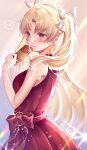  1girl alternate_costume bangs bitter_sweet_(fate/grand_order) blonde_hair blush bow box box_of_chocolates breasts chiachun0621 closed_mouth commentary_request dress earrings embarrassed ereshkigal_(fate) eyebrows_visible_through_hair fate/grand_order fate_(series) formal from_side gift gift_box hair_ribbon highres holding holding_box holding_gift jewelry lips long_hair looking_to_the_side medium_breasts official_alternate_costume parted_bangs red_bow red_dress red_eyes ribbon ring sleeveless sleeveless_dress solo two_side_up valentine very_long_hair white_ribbon 