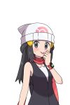  1girl asatsuki_(fgfff) beanie black_hair blush bracelet clenched_hand closed_mouth commentary_request hikari_(pokemon) eyelashes grey_eyes hair_ornament hairclip hand_up hat highres jewelry long_hair pokemon pokemon_(game) pokemon_dppt red_scarf scarf shirt simple_background sleeveless sleeveless_shirt smile solo sweatdrop tongue tongue_out white_background white_headwear 