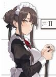  1girl aiko_(kanl) apron bad_id bangs braid brown_hair from_side hair_ribbon holding long_hair looking_at_viewer maid maid_apron maid_headdress original ribbon simple_background solo taya_(aiko) upper_body white_background yellow_eyes 