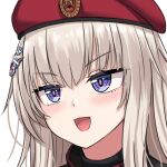  1girl ak74m_(girls&#039;_frontline) beret blonde_hair blue_eyes blush eyebrows_visible_through_hair girls_frontline hair_ornament hat hat_ornament long_hair looking_away open_mouth red_headwear red_star russian_flag smile snowflake_hair_ornament solo_focus star_(symbol) star_hat_ornament white_background yakob_labo 