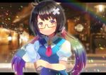  1girl black_hair blue_vest blurry blurry_background blush brown_eyes closed_mouth collared_shirt commission crossed_bandaids cup depth_of_field drinking_glass glasses gradient_hair kou_hiyoyo lens_flare letterboxed long_hair low_twintails multicolored_hair original puffy_short_sleeves puffy_sleeves red-framed_eyewear red_neckwear semi-rimless_eyewear shirt short_sleeves skeb_commission smile solo twintails under-rim_eyewear upper_body very_long_hair vest white_shirt wine_glass 