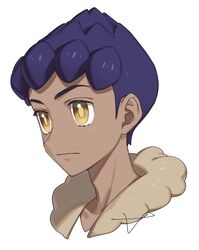  1boy bangs closed_mouth dark-skinned_male dark_skin highres hop_(pokemon) male_focus pokemon pokemon_(game) pokemon_swsh portrait purple_hair sankaku short_hair signature simple_background solo white_background yellow_eyes 