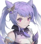 1girl absurdres bangs bare_shoulders blue_hair braid choker closed_mouth detached_sleeves double_bun duoyu_zhuan_qing genshin_impact hair_ornament high_collar highres keqing_(genshin_impact) long_hair looking_at_viewer portrait sidelocks solo tassel twintails violet_eyes white_background 