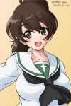  1girl artist_name bangs black_neckwear blouse brown_eyes brown_hair commentary dated eyebrows_visible_through_hair girls_und_panzer koyama_yuzu long_sleeves looking_at_viewer matsui_yasutsugu medium_hair neckerchief ooarai_school_uniform open_mouth sailor_collar school_uniform serafuku short_ponytail signature simple_background smile solo white_blouse white_sailor_collar 