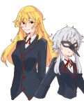  2girls absurdres blonde_eyelashes blonde_hair breasts brown_eyes colored_eyelashes corbeau_(tart_magica) formal grey_hair hairlocs height_difference highres isabeau_de_baviere jitome large_breasts lizzie-juwunky long_hair magia_record:_mahou_shoujo_madoka_magica_gaiden mahou_shoujo_madoka_magica mahou_shoujo_tart_magica mature_female medium_breasts messy_hair mother_and_daughter multiple_girls official_alternate_costume plague_doctor_mask signature simple_background smile suit upper_body white_background 