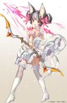  1girl :d animal_ear_fluff animal_ears arrow_(projectile) bare_shoulders black_hair boots bow_(weapon) brown_background commentary_request copyright_request detached_sleeves double_bun dress frilled_dress frilled_legwear frills from_behind full_body gradient gradient_background grey_hair grey_legwear high_heel_boots high_heels highres holding holding_arrow holding_bow_(weapon) holding_weapon looking_at_viewer looking_back magical_girl mintchoco_(orange_shabette) multicolored_hair official_art open_mouth puffy_short_sleeves puffy_sleeves short_sleeves smile solo thigh-highs thighhighs_under_boots two-tone_hair upper_teeth violet_eyes watermark weapon white_background white_dress white_footwear 
