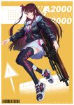  1girl absurdres barcode black_jacket black_legwear blush breasts bullpup character_name closed_mouth eyebrows_visible_through_hair fikkyun girls_frontline gun hair_ribbon highres holding holding_weapon jacket jumping lips long_hair looking_at_viewer medium_breasts purple_hair ribbon rifle shirt shoes side_ponytail simple_background skirt smile sneakers sniper_rifle solo thigh-highs violet_eyes wa2000_(girls&#039;_frontline) walther walther_wa_2000 weapon white_shirt white_skirt 