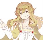  1girl @_@ bangs blonde_eyelashes blonde_hair brown_eyes collarbone colored_eyelashes evil_smile eyelashes grin isabeau_de_baviere jewelry long_hair long_sleeves magia_record:_mahou_shoujo_madoka_magica_gaiden mahou_shoujo_madoka_magica mahou_shoujo_tart_magica mature_female messy_hair poyo_75 queen royal_robe simple_background smile smirk solo white_background 