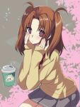 1girl breasts brown_hair cup disposable_cup eyebrows_visible_through_hair floral_background frilled_skirt frills hand_on_own_face highres long_sleeves looking_at_viewer low_twintails medium_hair red_eyes shirt simple_background skirt solo tajima_yoshikazu tsukihime tsukihime_(remake) twintails yellow_shirt yumizuka_satsuki 