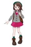  1girl asatsuki_(fgfff) backpack bag blush bob_cut boots brown_bag brown_eyes brown_footwear brown_hair buttons cable_knit cardigan collared_dress commentary_request dress eyebrows_visible_through_hair eyelashes gloria_(pokemon) green_headwear green_legwear grey_cardigan hand_up hat highres holding_strap hooded_cardigan open_mouth pink_dress plaid plaid_legwear pokemon pokemon_(game) pokemon_swsh short_hair simple_background socks solo tam_o&#039;_shanter tongue upper_teeth white_background 