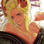  1girl black_maria_(one_piece) blonde_hair blue_eyes brass_knuckles breasts cleavage clenched_fist clenched_teeth close-up face facing_down female kimono looking_at_another mygiorni no_bra oiran one_piece oni solo 