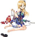  1girl ass bangs blonde_hair blunt_bangs breasts floral_print full_body green_eyes japanese_clothes kantai_collection kimono large_breasts long_hair northampton_(kancolle) official_alternate_costume official_art rope semi-rimless_eyewear torn_clothes yukata zeco 
