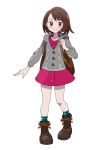  1girl :t asatsuki_(fgfff) backpack bag blush bob_cut boots brown_bag brown_eyes brown_footwear brown_hair buttons cable_knit cardigan closed_mouth collared_dress commentary_request dress eyebrows_visible_through_hair eyelashes gloria_(pokemon) green_legwear grey_cardigan hand_up highres holding_strap hooded_cardigan pink_dress plaid plaid_legwear pokemon pokemon_(game) pokemon_swsh short_hair simple_background socks solo white_background 