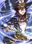  1girl ayamo_kaoru breasts fire gloves hat highres military military_hat military_uniform morag_ladair_(xenoblade) red_eyes short_hair small_breasts solo sword uniform weapon xenoblade_chronicles_(series) xenoblade_chronicles_2 