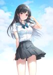  1girl bangs black_hair black_skirt blue_neckwear blue_sky closed_mouth clouds collared_shirt commentary eyebrows_visible_through_hair hair_between_eyes hand_in_hair highres long_hair looking_at_viewer mr_egg original pleated_skirt school_uniform shirt shirt_tucked_in short_sleeves sidelocks skirt sky smile solo standing uniform violet_eyes white_shirt wind wind_lift 