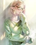  1girl alternate_costume bespectacled blonde_hair blush bright_pupils commentary_request cup glasses green_shirt hair_ornament hairclip hand_on_own_face highres holding holding_cup indoors long_pointy_ears long_sleeves looking_at_viewer parted_lips pointy_ears princess_zelda shirt short_hair side_braids sleeves_past_wrists solo steam the_legend_of_zelda the_legend_of_zelda:_breath_of_the_wild the_legend_of_zelda:_breath_of_the_wild_2 upper_body yuina0099 