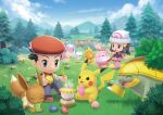  hikari_(pokemon) eating eevee grass lucas_(pokemon) pikachu pokemon pokemon_(game) pokemon_bdsp sky 