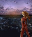  1girl arms_at_sides ass cityscape clouds contrapposto eyepatch from_side horizon interface_headset neon_genesis_evangelion plugsuit purple_sky rebuild_of_evangelion solo souryuu_asuka_langley sukasukasukafan sunset water 