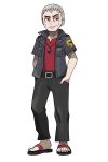  1boy absurdres asatsuki_(fgfff) bangs black_jacket commentary_request flip-flops full_body grey_hair hand_in_pocket highres jacket male_focus nanu_(pokemon) open_clothes open_jacket pants pokemon pokemon_(game) pokemon_sm red_eyes red_shirt sandals shirt short_hair short_sleeves smirk solo standing toes 