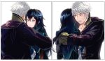  1boy 1girl ameno_(a_meno0) armor back bangs black_gloves blue_eyes blue_gloves blue_hair blush brown_eyes commentary_request crying crying_with_eyes_open eyebrows_visible_through_hair fire_emblem fire_emblem_awakening gloves hair_between_eyes hood hood_down hooded_robe hug lips long_hair long_sleeves lucina_(fire_emblem) multiple_views open_mouth parted_lips pink_lips robe robin_(fire_emblem) robin_(fire_emblem)_(male) shiny shiny_hair short_hair shoulder_armor symbol-shaped_pupils tearing_up tears teeth tiara white_hair 