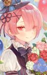  balloon bangs blunt_bangs bouquet bow eyes_visible_through_hair flower hair_flower hair_ornament hairclip hat kuzuvine one_eye_covered pink_eyes pink_hair ram_(re:zero) re:zero_kara_hajimeru_isekai_seikatsu short_hair smile 