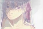  1girl collarbone fate/stay_night fate_(series) hair_between_eyes hair_over_eyes lips long_hair looking_at_viewer matou_sakura painterly purple_hair purple_ribbon ribbon roku_(ntbr_fate) solo upper_body violet_eyes white_background 