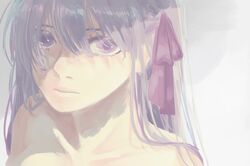  1girl collarbone fate/stay_night fate_(series) hair_between_eyes hair_over_eyes lips long_hair looking_at_viewer matou_sakura painterly purple_hair purple_ribbon ribbon roku_(ntbr_fate) solo upper_body violet_eyes white_background 