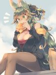  1girl animal_ears black_jacket breasts brown_legwear burger ditting eating food green_eyes green_hair highres jacket kuromiya kuromiya_raika large_breasts long_hair original pantyhose solo tail 