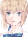  1girl artoria_pendragon_(fate) blonde_hair blue_ribbon braid fate/stay_night fate_(series) french_braid green_eyes hair_ribbon highres looking_at_viewer parted_lips ribbon roku_(ntbr_fate) saber shirt solo upper_body white_background white_shirt 