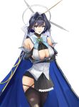  1girl arms_under_breasts bangs bare_shoulders black_gloves black_hair black_legwear blue_cape blue_eyes bow bow_earrings bowtie breasts cape cleavage_cutout clock_hands clothing_cutout cowboy_shot crossed_arms dark_blue_hair detached_sleeves earrings gloves hair_intakes head_chain highres hololive hololive_english jewelry large_breasts mechanical_halo memory342 miniskirt open_mouth ouro_kronii short_hair simple_background skindentation skirt solo teeth thigh-highs veil white_background 