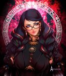 1girl arvalileth bayonetta bayonetta_(series) bayonetta_3 black_hair braid clothing_cutout earrings eyeshadow glasses gloves highres jewelry lipstick long_hair looking_at_viewer makeup mole mole_under_mouth multicolored_hair redhead ribbon simple_background smile solo streaked_hair twin_braids weapon 