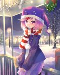  1girl alternate_costume animal_hat bag bangs bare_tree blush breath christmas christmas_lights coat commentary doki_doki_literature_club english_commentary hair_ornament hairclip hat lamppost long_sleeves looking_at_viewer mistletoe natsuki_(doki_doki_literature_club) night outdoors parted_lips pink_hair pink_skirt pleated_skirt pom_pom_(clothes) purple_coat scarf short_hair skirt sleeves_past_wrists solo striped striped_scarf swept_bangs takuyarawr tree violet_eyes winter_clothes 
