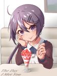  1girl absurdres akebono_(kancolle) hair_ornament hairclip highres holding holding_spoon jewelry kantai_collection long_hair long_sleeves parfait purple_hair ring side_ponytail smile solo spoon tongue tongue_out upper_body very_long_hair violet_eyes wedding_band yuki_to_hana 