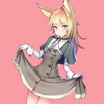  1girl :/ animal_ears blue_eyes blush breasts capelet closed_mouth clothes_lift colored_inner_hair copyright_request cowboy_shot dress dress_lift fox_ears gloves grey_capelet grey_dress grey_neckwear grey_ribbon hair_intakes kagawa_ichigo legs_together long_hair looking_at_viewer multicolored_hair neck_ribbon original pink_background purple_hair ribbon simple_background skirt_hold small_breasts solo white_gloves wrist_cuffs 