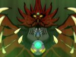  absurdres getter_robo getter_robo_arc getter_saint_dragon glowing glowing_eyes green_background highres horns monster motion_blur motion_lines nagai_(pixiv50195132) no_humans shin_getter_robo solo spikes upper_body yellow_eyes 