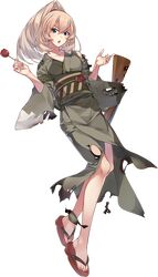  1girl blonde_hair burnt_clothes candy_apple food full_body gun japanese_clothes kantai_collection kimono konishi_(koconatu) long_hair official_alternate_costume official_art ponytail rifle sandals sash torn_clothes transparent_background victorious_(kancolle) weapon yukata 