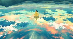  1girl arms_at_sides black_eyes black_hair clouds cloudy_sky commentary dress kazami1304 landscape long_hair looking_away mountain mountainous_horizon original outdoors reflection scenery sky solo star_(sky) wide_shot yellow_dress 