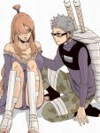  1boy 1girl blush chojuro cleavage dress earmuffs earphones female glasses green_yossy hair_over_one_eye leg_guards long_hair male minidress naruto naruto_(series) naruto_shippuuden short_hair simple_background sitting smile sword sword_behind_back terumi_mei white_background 