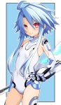  1girl ahoge bare_shoulders blush breasts elbow_gloves gloves hair_between_eyes iwashi_dorobou_-r- leotard light_blue_hair looking_at_viewer neptune_(series) power_symbol red_eyes small_breasts solo symbol-shaped_pupils thigh-highs white_gloves white_heart white_leotard with_long_locks 