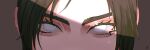  1girl apex_legends bangs black_hair chromatic_aberration close-up eye_focus grey_background highres looking_at_viewer parted_bangs solo ukiyo_okashi white_eyes wraith_(apex_legends) 