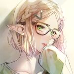  1girl alternate_costume bespectacled blonde_hair blush bright_pupils close-up collarbone commentary_request glasses green_eyes green_shirt hair_ornament hairclip hand_on_own_face indoors long_pointy_ears long_sleeves looking_at_viewer pointy_ears portrait princess_zelda shirt short_hair side_braids sleeves_past_wrists solo the_legend_of_zelda the_legend_of_zelda:_breath_of_the_wild the_legend_of_zelda:_breath_of_the_wild_2 yuina0099 