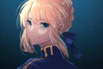  1girl artoria_pendragon_(fate) blonde_hair blue_ribbon braid crown_braid dress fate/stay_night fate_(series) french_braid from_behind gradient gradient_background green_background green_eyes looking_at_viewer looking_back ribbon roku_(ntbr_fate) saber smile solo upper_body 