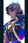  1boy arjuna_(fate) arjuna_alter_(fate) armlet bangs black_border black_gloves black_hair black_shirt blue_capelet blue_horns border capelet chain closed_mouth dark-skinned_male dark_skin dashijiru fate/grand_order fate_(series) gloves glowing_horns gold_chain gold_trim grey_eyes hair_between_eyes hand_up highres horns indian_clothes looking_at_viewer male_focus pillarboxed shirt short_hair sleeveless solo upper_body vambraces white_background 