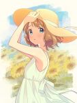  1girl :o agata_(agatha) blurry blurry_background blush brown_hair dress field flower flower_field hat highres holding holding_clothes holding_hat idolmaster idolmaster_million_live! looking_to_the_side short_hair sleeveless sleeveless_dress solo sun_hat sundress sunflower suou_momoko upper_body white_dress 