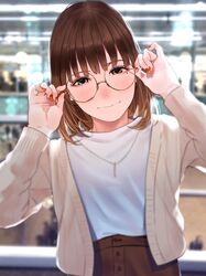  1girl adjusting_eyewear bangs blurry blurry_background blush brown_eyes brown_hair brown_skirt cardigan closed_mouth earrings eyebrows_visible_through_hair glasses hands_up head_tilt highres indoors jewelry long_sleeves looking_at_viewer medium_hair mole mole_under_eye nail_polish necklace original saitou_(lynx-shrike) shirt skirt smile solo standing white_cardigan white_shirt 