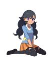  1girl absurdres asatsuki_(fgfff) bangs black_hair black_legwear blue_sweater closed_mouth collarbone collared_shirt commentary_request emma_(pokemon) eyelashes highres long_hair orange_skirt pantyhose pleated_skirt pokemon pokemon_(game) pokemon_xy shirt sitting skirt sleeves_past_elbows solo sweater torn_clothes torn_legwear twintails violet_eyes white_shirt 